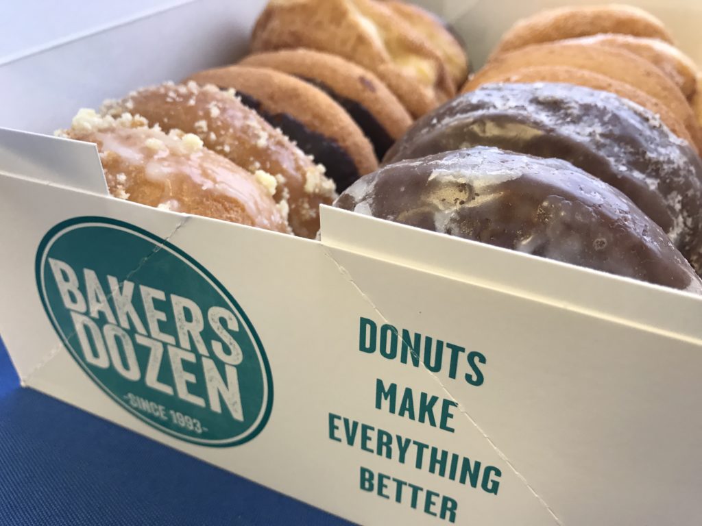 Bakers Dozen donut box with donuts
