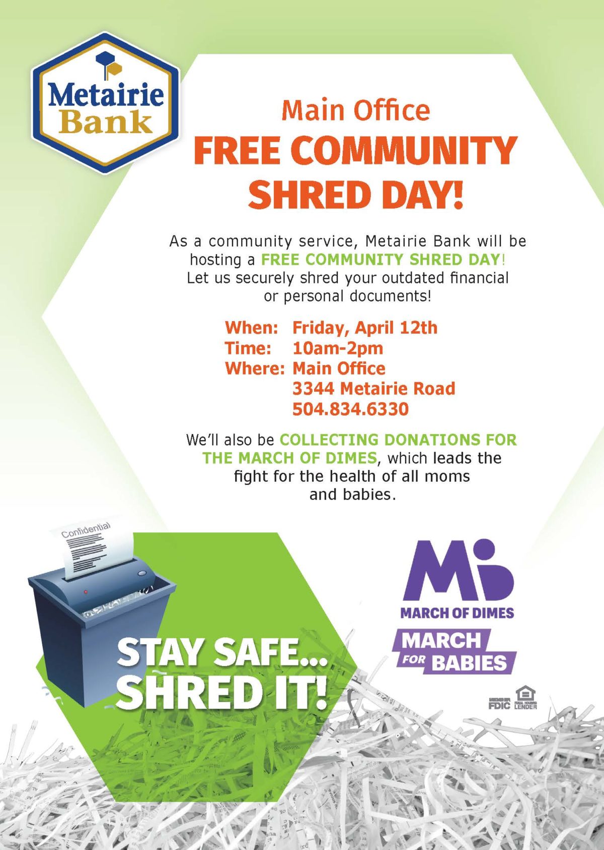 Free Shred Day at Main Office Metairie Bank